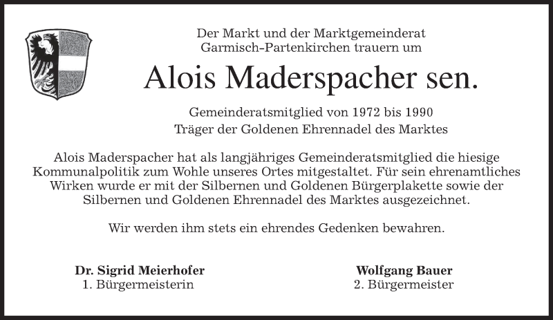  Traueranzeige für Alois  Maderspacher vom 12.02.2015 aus merkurtz