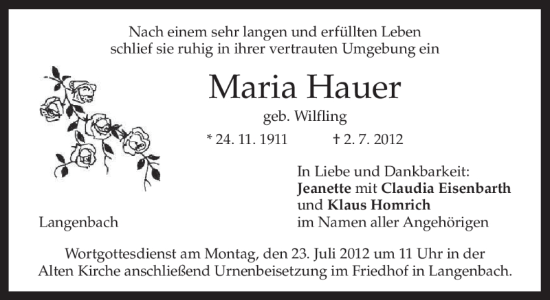  Traueranzeige für Maria Hauer vom 20.07.2012 aus MERKUR & TZ