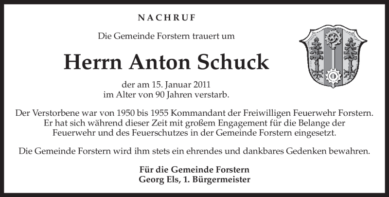  Traueranzeige für Anton Schuck vom 18.01.2011 aus MERKUR & TZ