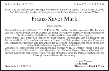 Traueranzeige von Franz-Xaver Mark von MERKUR & TZ