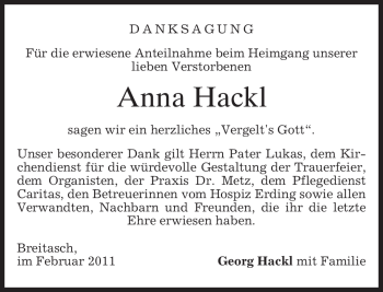 Traueranzeige von Anna Hackl von MERKUR & TZ