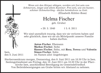 Traueranzeige von Helma Fischer von MERKUR & TZ