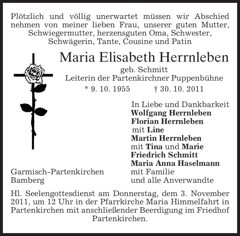  Traueranzeige für Maria Elisabeth Herrnleben vom 02.11.2011 aus MERKUR & TZ
