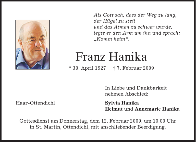  Traueranzeige für Franz Hanika vom 09.02.2009 aus MERKUR & TZ