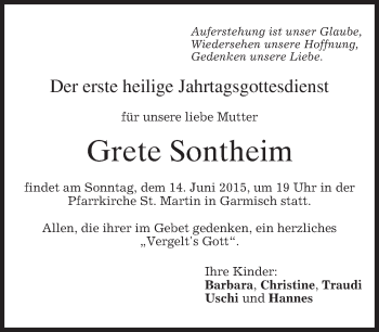 Traueranzeige von Grete Sontheim von merkurtz