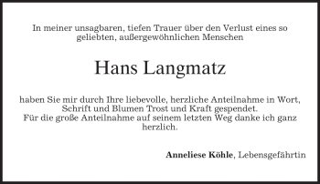 Traueranzeige von Hans Langmatz von MERKUR & TZ