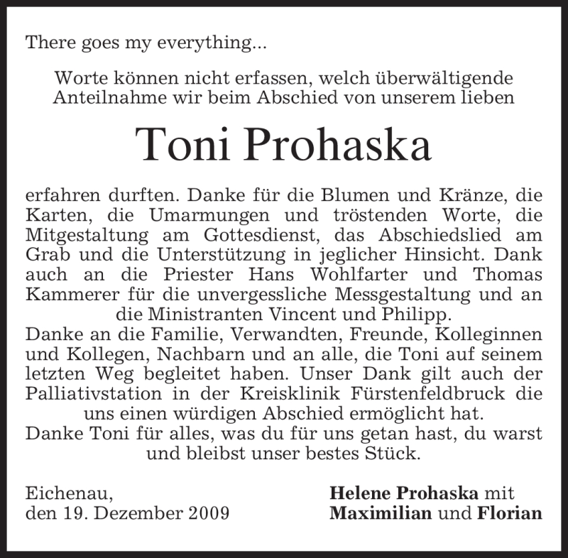  Traueranzeige für Toni Prohaska vom 19.12.2009 aus MERKUR & TZ