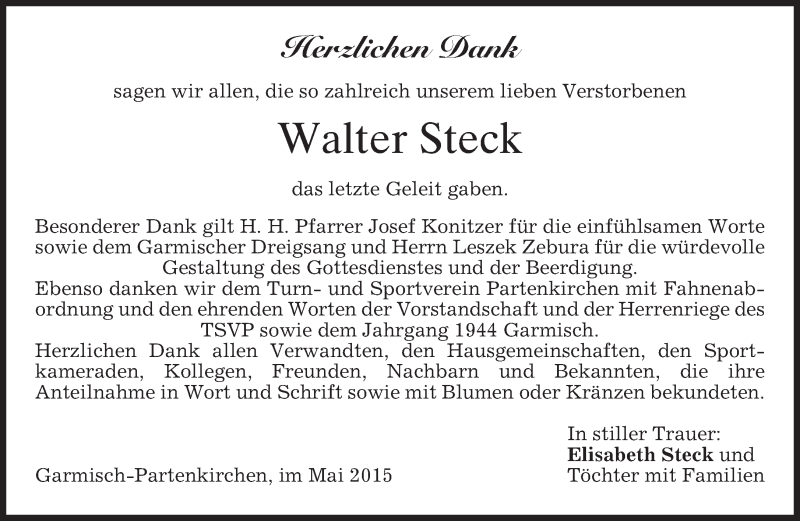  Traueranzeige für Walter Steck vom 30.05.2015 aus merkurtz