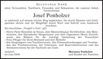 Traueranzeige von Josef Ponholzer von MERKUR & TZ