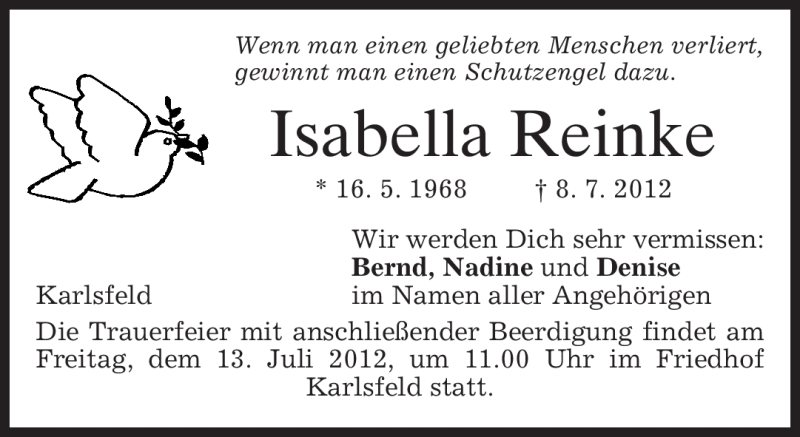  Traueranzeige für Isabella Reinke vom 12.07.2012 aus MERKUR & TZ