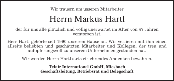 Traueranzeige von Markus Hartl von merkurtz