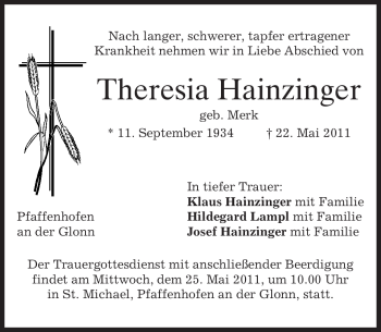 Traueranzeige von Theresia Hainzinger von MERKUR & TZ