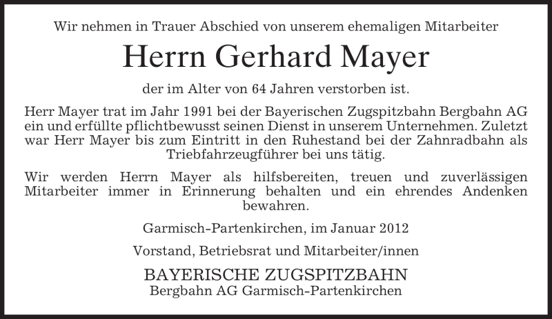  Traueranzeige für Gerhard Mayer vom 26.01.2012 aus MERKUR & TZ