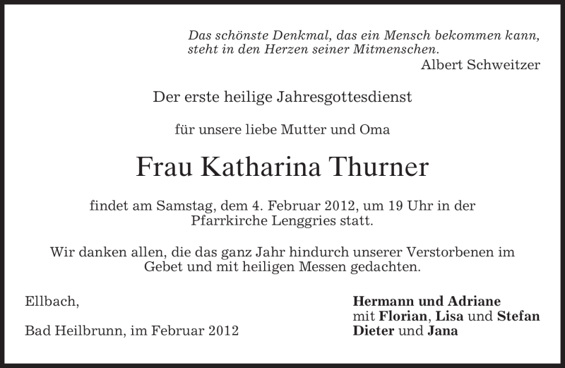  Traueranzeige für Katharina Thurner vom 03.02.2012 aus MERKUR & TZ