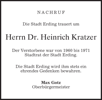 Traueranzeige von Heinrich Kratzer von merkurtz