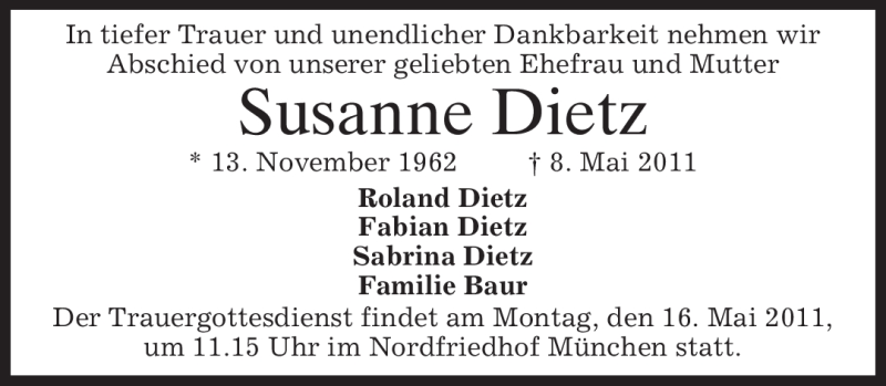  Traueranzeige für Susanne Dietz vom 14.05.2011 aus MERKUR & TZ