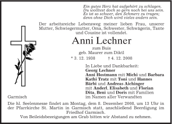 Traueranzeige von Anni Lechner von MERKUR & TZ