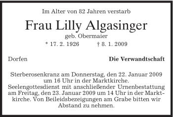 Traueranzeigen Von Lilly Algasinger | Trauer.merkur.de