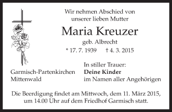 Traueranzeige von Maria Kreuzer von merkurtz
