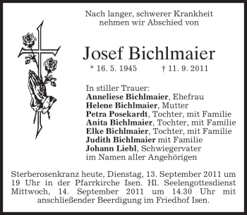 Traueranzeige von Josef Bichlmaier von MERKUR & TZ