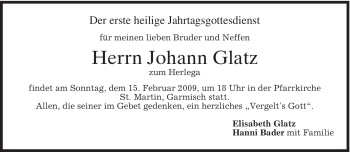 Traueranzeige von Johann Glatz von MERKUR & TZ