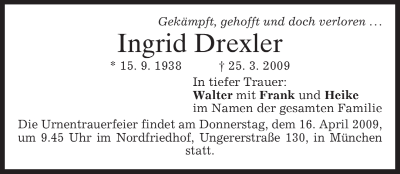  Traueranzeige für Ingrid Drexler vom 28.03.2009 aus MERKUR & TZ