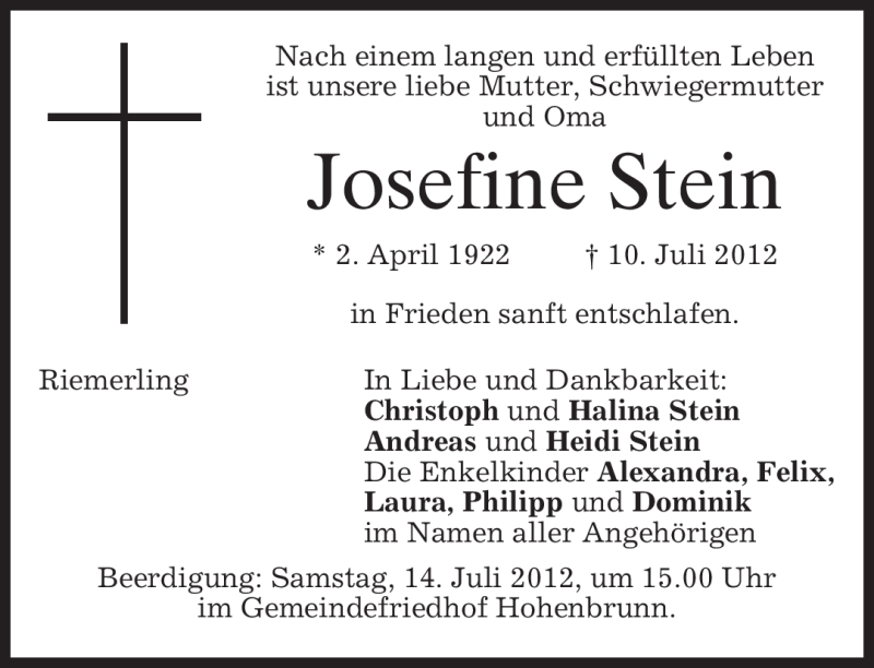  Traueranzeige für Josefine Stein vom 12.07.2012 aus MERKUR & TZ