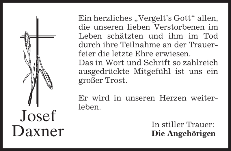  Traueranzeige für Josef Daxner vom 10.10.2009 aus MERKUR & TZ