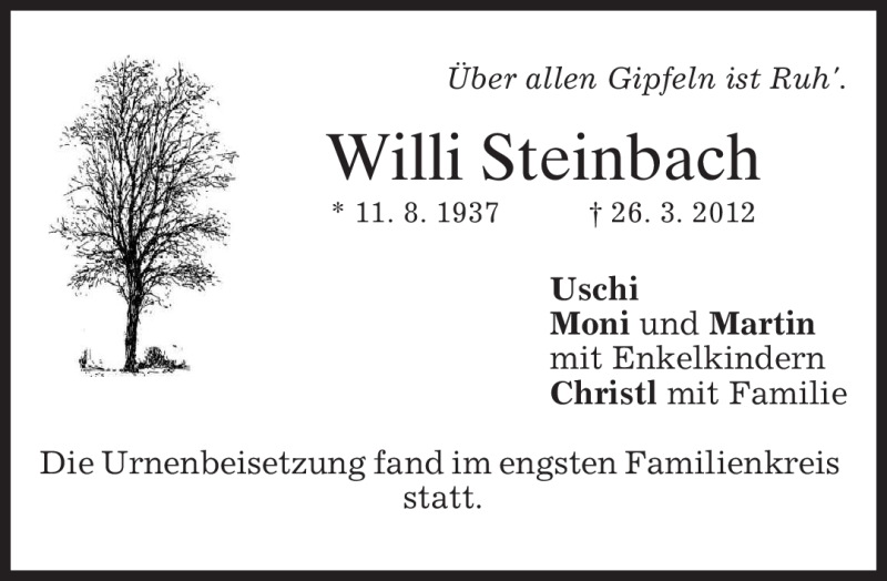 Traueranzeige für Willi Steinbach vom 14.04.2012 aus MERKUR & TZ
