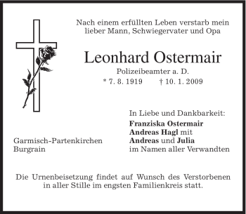 Traueranzeige von Leonhard Ostermair von MERKUR & TZ