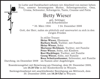 Traueranzeige von Betty Wieser von MERKUR & TZ