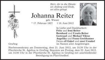 Traueranzeige von Johanna Reiter von MERKUR & TZ