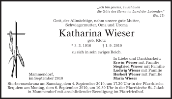 Traueranzeige von Katharina Wieser von MERKUR & TZ