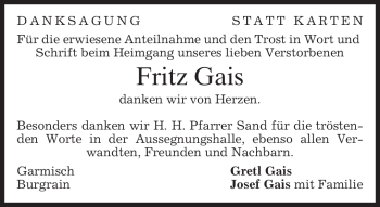 Traueranzeige von Fritz Gais von MERKUR & TZ