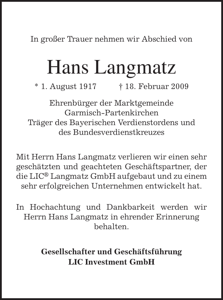  Traueranzeige für Hans Langmatz vom 21.02.2009 aus MERKUR & TZ