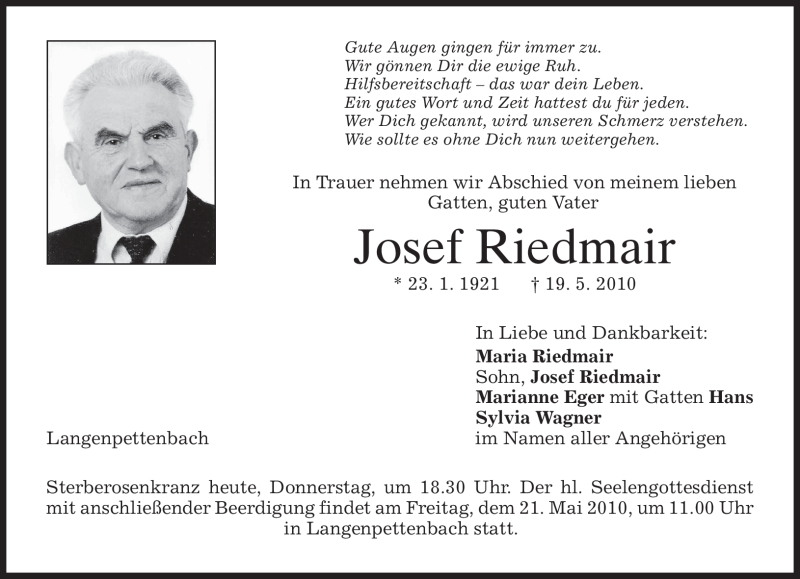  Traueranzeige für Josef Riedmair vom 20.05.2010 aus MERKUR & TZ