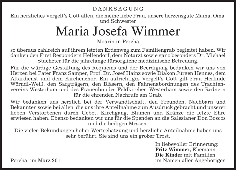  Traueranzeige für Maria Josefa Wimmer vom 12.03.2011 aus MERKUR & TZ