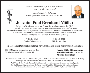 Traueranzeige von Joachim Paul Bernhard Müller von MERKUR & TZ