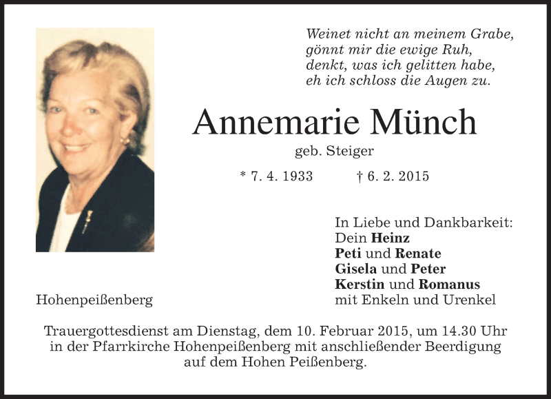  Traueranzeige für Annemarie Münch vom 07.02.2015 aus merkurtz