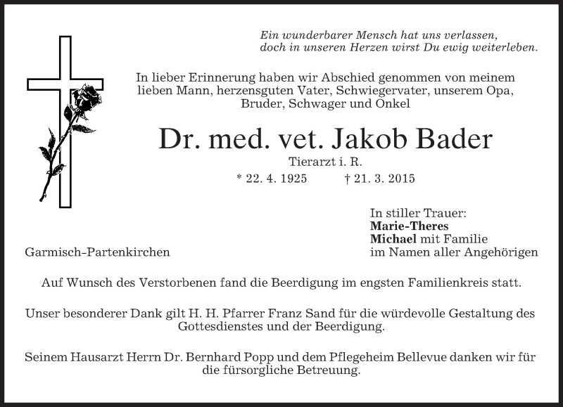 Traueranzeige für Jakob Bader vom 27.03.2015 aus merkurtz