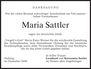 Traueranzeige von Maria Sattler von MERKUR & TZ