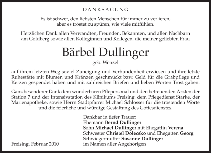  Traueranzeige für Bärbel Dullinger vom 20.02.2010 aus MERKUR & TZ