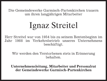 Traueranzeige von Ignaz Streitel von merkurtz