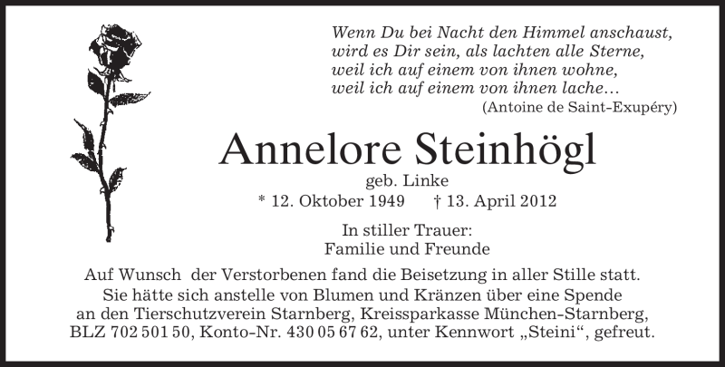  Traueranzeige für Annelore Steinhögl vom 21.04.2012 aus MERKUR & TZ