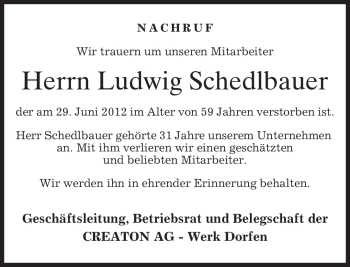 Traueranzeige von Ludwig Schedlbauer von MERKUR & TZ