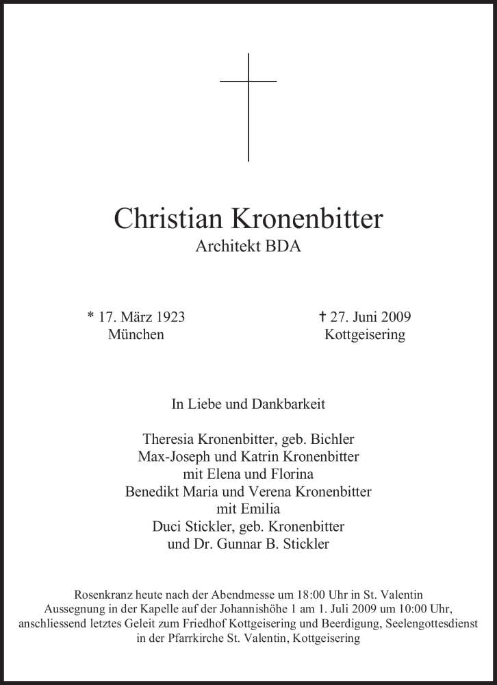  Traueranzeige für Christian Kronenbitter vom 29.06.2009 aus MERKUR & TZ