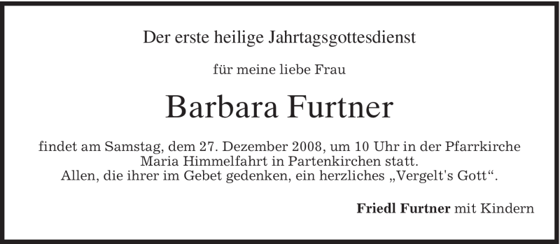  Traueranzeige für Barbara Furtner vom 24.12.2008 aus MERKUR & TZ