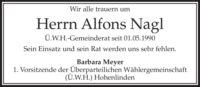  Traueranzeige für Alfons Nagl vom 11.06.2010 aus MERKUR & TZ