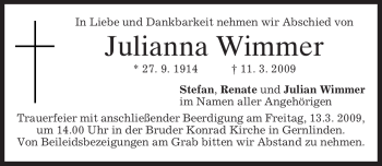 Traueranzeige von Julianna Wimmer von MERKUR & TZ