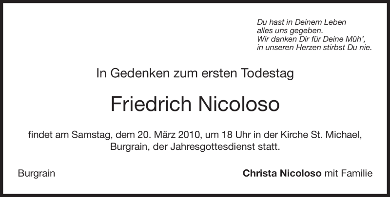 Traueranzeige für Friedrich Nicoloso vom 19.03.2010 aus MERKUR & TZ